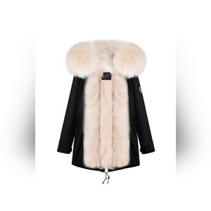 Women's Winter Black Parka With Detacheable Creamy Reclaimed Fur Inner Vest